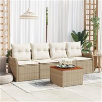 vidaXL 5-delige tuinsofa set met kussens in beige van poly rattan en acacia