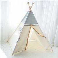 Tipi tent - Grijs-ecru met pompons- katoen met velvet Tipi tent