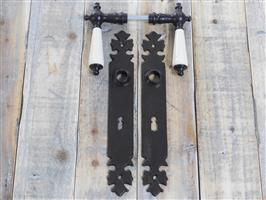 Set deurbeslag - antiek ijzer donker bruin - BB 72 - met porseleinen grepen