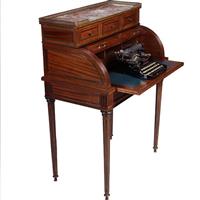 Frans cilinderbureautje in donker mahonie met donkerblauw leer en gepatineerd brons ca 1880 (No.3315