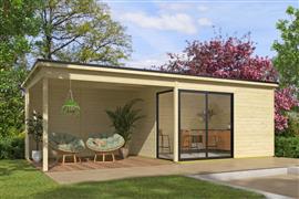 Blokhut met overkapping Olivia 385x295 + Aanbouw 