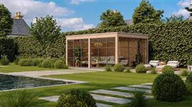 MAATWERK TUINHUIZEN, blokhutten en bijgebouwen.