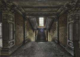 Prachtige kunst op glas van de binnenzijde van een kerk, prachtig perspectief!