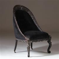Koloniale dames-zetel massief ebbenhout ca 1800 met zwarte velours en 2 olifanten kopjes (No.922860)