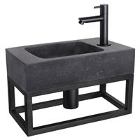 Fonteinset Differnz Bombai Natuursteen en Handoekrek 40x22x9 cm Zwart Met Rechte Kraan Mat Zwart