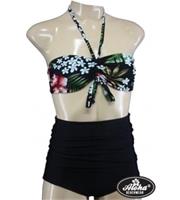 Aloha Beachwear, Bandeau Bikini Black Bottom/ Blossom Top Vi