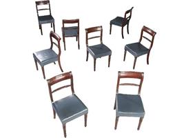 Antieke stoelen / Stel van 8 eetkamerstoelen met blauw leer