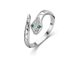Zilveren Ring Slang met Groene en Witte Zirkonia’s