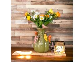 Zijden bloemen boeket - Keramiek vaasje - vogeldecor - olijf groen -  25cm