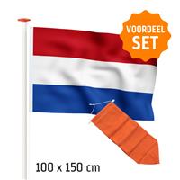 Actieset geschikt voor een gevelstok: Nederlandse vlag (standaard blauw) 100x150cm en oranje wimpel 