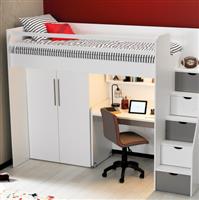 Neo hoogslaper met bureau en kledingkast - 90x200 - Wit/grijs - Almila