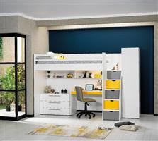 Neo hoogslaper met bureau, ladekast en kledingkast - 90x200 - Wit/geel - Almila