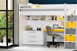 Neo hoogslaper met bureau en ladekast - 90x200 - Wit/geel - Almila