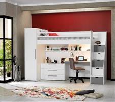 Neo hoogslaper met bureau, ladekast en kledingkast - 90x200 - Wit/grijs - Almila
