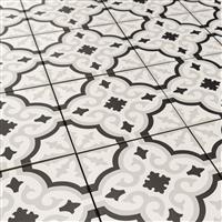 Keramische portugese vloertegels 20x20 wit met zwart en grijs bloemetjes motief-1m²