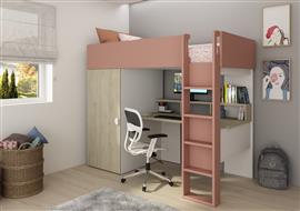 Flow hoogslaper met bureau en kast - 90x200 - Eiken/roze - Trasman