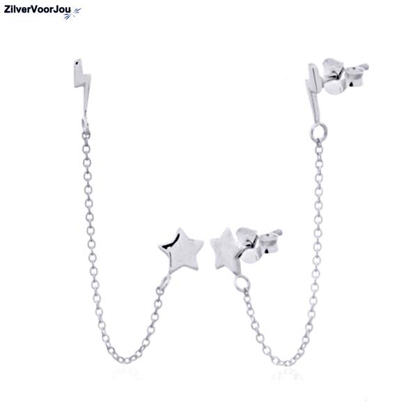 Grote foto zilveren bliksem ster duo oorstekers sieraden tassen en uiterlijk oorbellen
