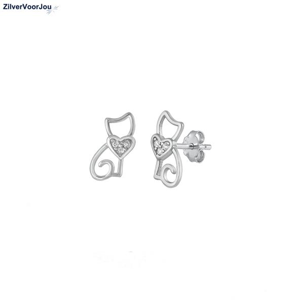 Grote foto zilveren kleine poes oorstekers met een zirkonia hartje sieraden tassen en uiterlijk oorbellen