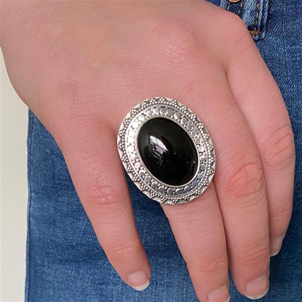 Grote foto zilveren grote cabochon zwarte agaat ring sieraden tassen en uiterlijk ringen voor haar