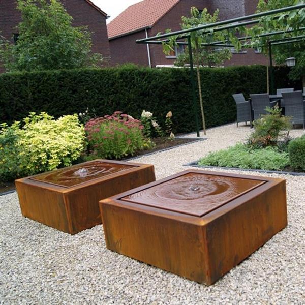 Grote foto cortenstaal watertafel standaard adezz cb1 met 6 fonteinen en ledverlichting afmeting 600x100x40 cm. tuin en terras overige tuin en terras