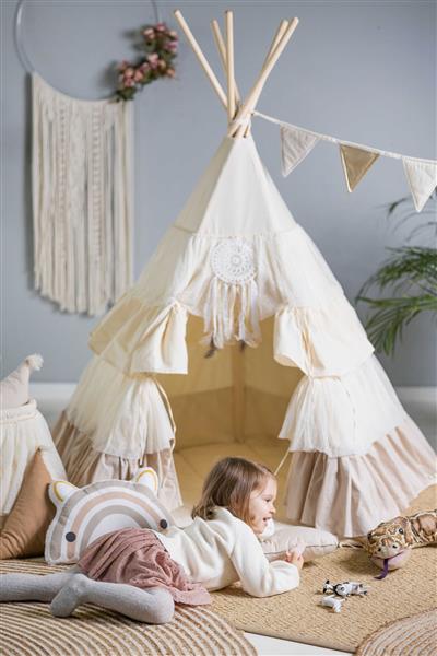 Grote foto xxl set tipi tent met ruches happy frills tipi speelmat 4 kussens speelmand vlaggenlijn kinderen en baby overige