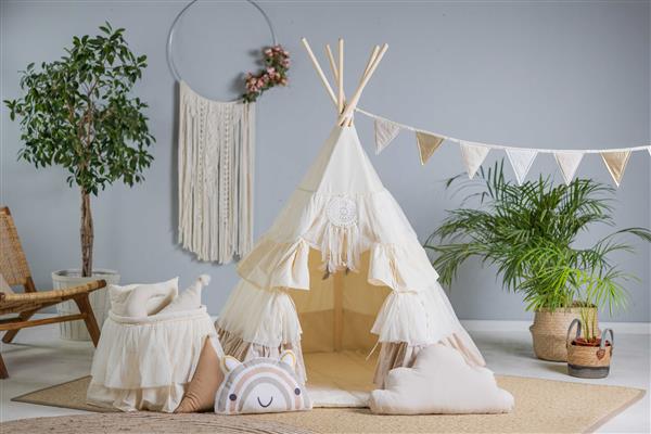 Grote foto xxl set tipi tent met ruches happy frills tipi speelmat 4 kussens speelmand vlaggenlijn kinderen en baby overige