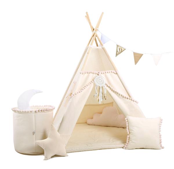 Grote foto xxl set tipi tent beige boho met pompons tipi 4 kussens speelmat vlaggenlijn speelgoedmand kinderen en baby overige