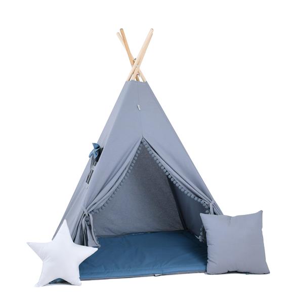 Grote foto tipi tent blauwgrijs met pompons tipi grijsblauw met pompons 2 kussens en mat kinderen en baby overige