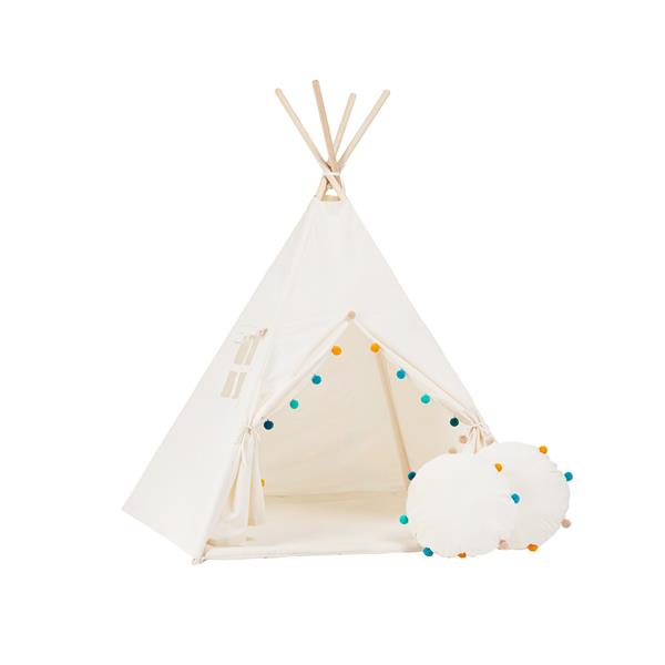 Grote foto tipi tent beige met gekleurde pompons mat en 2 kussens tipi 2 kussens en mat kinderen en baby overige