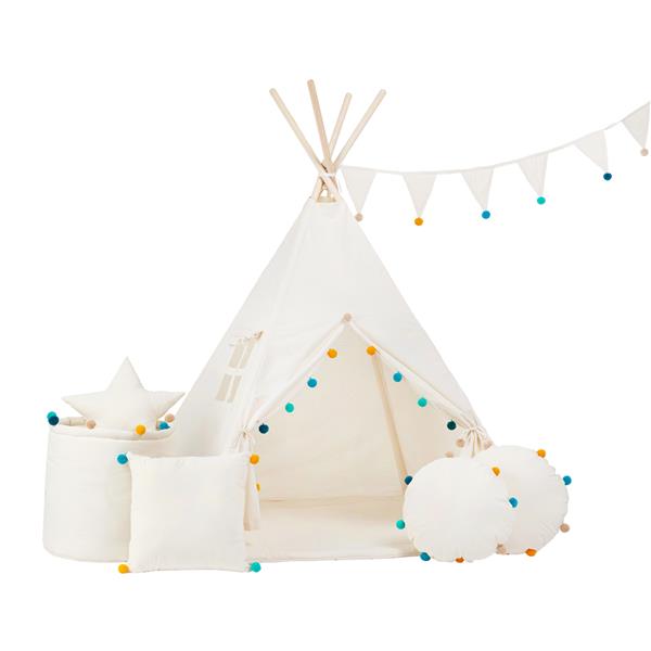 Grote foto tipi tent beige met gekleurde pompons mat en 2 kussens tipi 2 kussens en mat kinderen en baby overige