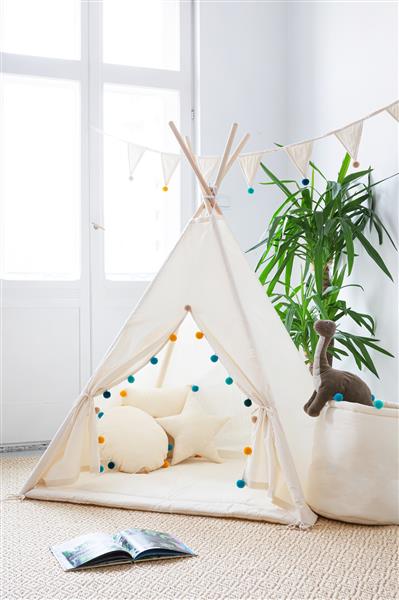 Grote foto tipi tent beige met gekleurde pompons mat en 2 kussens tipi 2 kussens en mat kinderen en baby overige