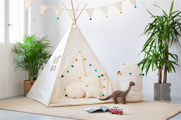 Grote foto tipi tent beige met gekleurde pompons mat en 2 kussens tipi 2 kussens en mat kinderen en baby overige