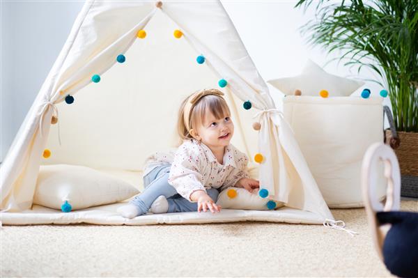 Grote foto tipi tent beige met gekleurde pompons mat en 2 kussens tipi 2 kussens en mat kinderen en baby overige