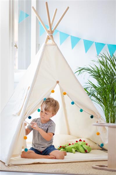 Grote foto tipi tent beige met gekleurde pompons mat en 2 kussens tipi 2 kussens en mat kinderen en baby overige