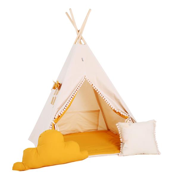 Grote foto tipi tent oker beige met pompons en accessoires tipi mat en 2 kussens kinderen en baby overige