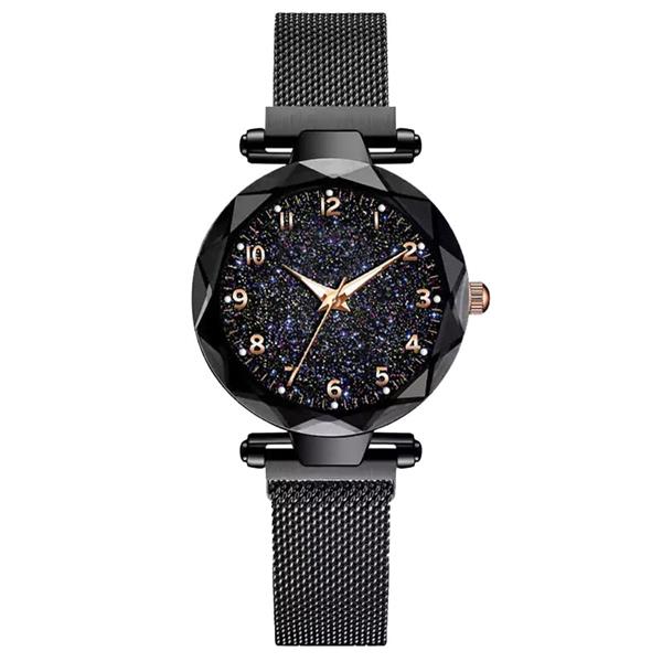 Grote foto magnetisch sterrenhemelhorloge voor dames modieuze metalen gaasbandriemkwarts kleding dames horloges