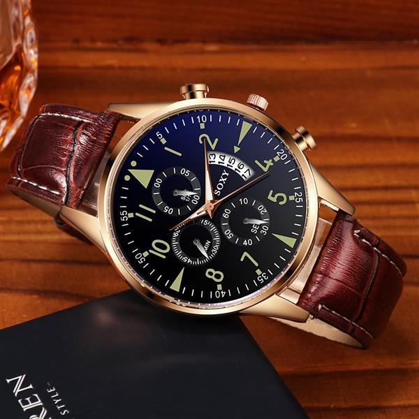 Grote foto stijlvol luxe horloge voor heren lichtgevende quartz horloge lederen band met kalender kleding dames horloges