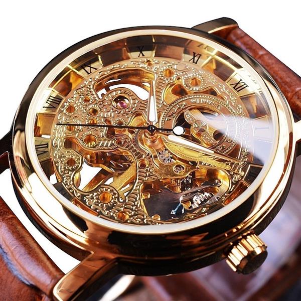 Grote foto luxe horloge met gouden kast voor heren horloge met leren of mesh bandje transparant mechanisch sk kleding dames horloges