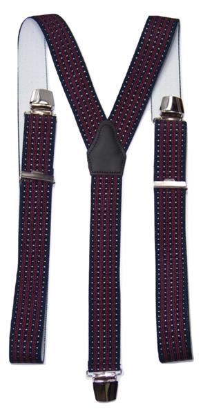 Grote foto donkerblauwe bretels met witte stip en rode streep en extra sterke clips kleding dames riemen