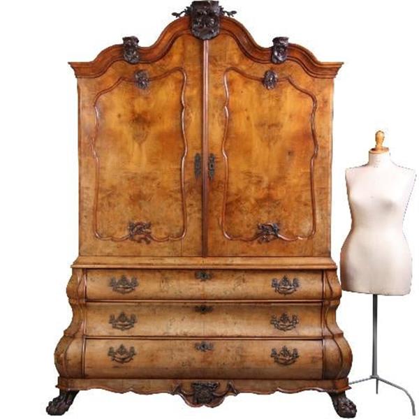Grote foto antieke kast klein hollands rococo kabinet in wortelnoten ca. 1750 dubbel gebogen no.670646 antiek en kunst stoelen en banken