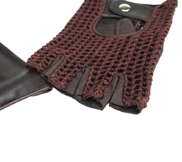 Grote foto swift vintage vingerloze crochet leren handschoenen zwart bruin motoren kleding