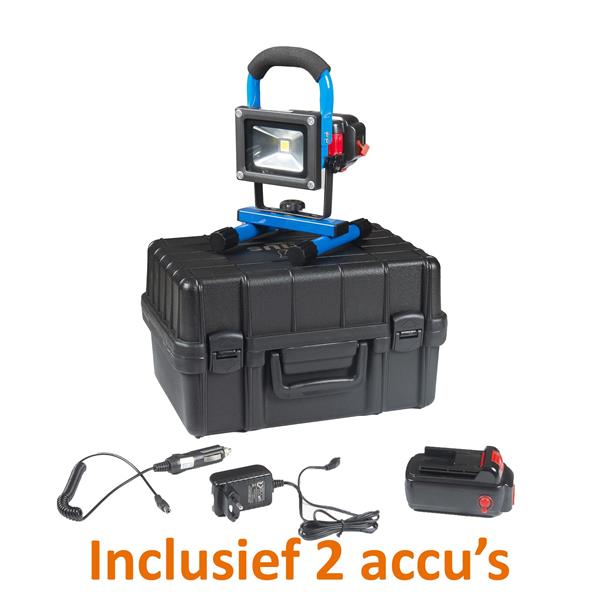 Grote foto oplaadbare led bouwlamp 10 watt met 2 accu en 2 adapters koffer crius tuin en terras verlichting
