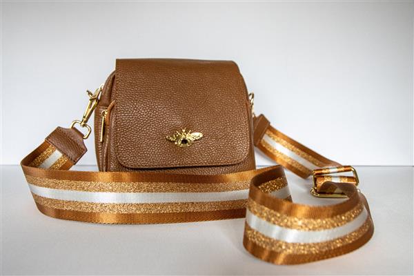 Grote foto bagstrap cognac gestreept leer polyester sieraden tassen en uiterlijk damestassen