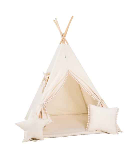 Grote foto tipi tent beige met pompons mat en kussens tipi met pompons 2 kussens en mat kinderen en baby overige