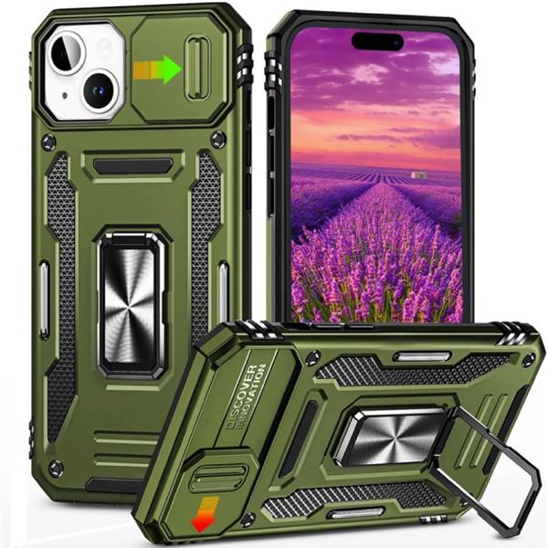 Grote foto iphone 15 plus armor hoesje met kickstand en camera slide magneet grip cover case groen telecommunicatie mobieltjes