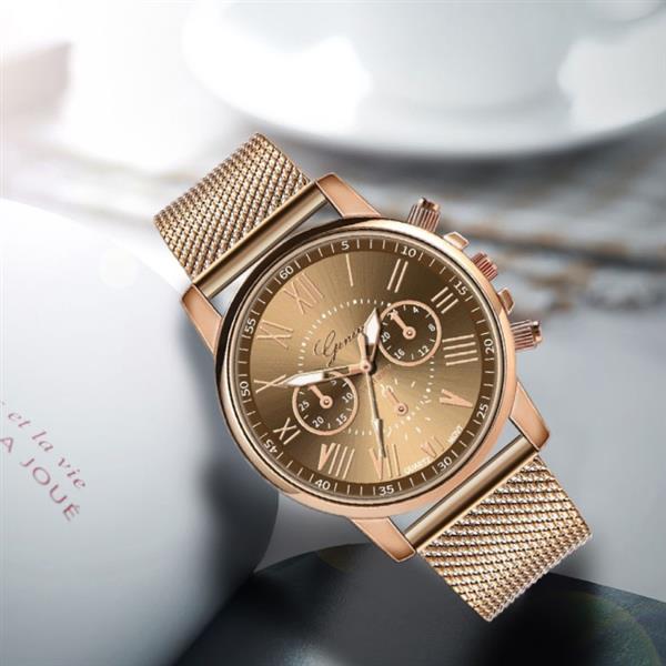 Grote foto luxe horloge voor dames modieus kwarts uurwerk mesh bandje goud kleding dames horloges