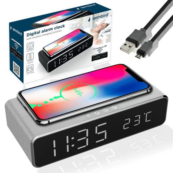 Grote foto wekker klok draadloze oplader draadloos qi snellader lader zilver telecommunicatie opladers en autoladers