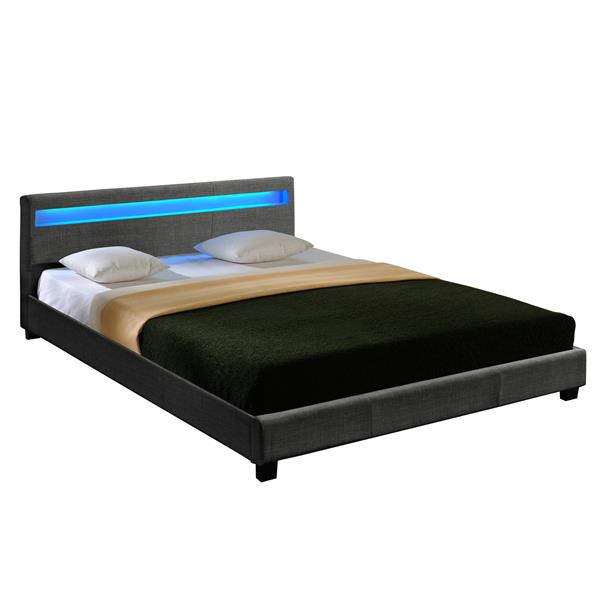 Grote foto houten bed stof led verlichting bedbodem 180x200 donkergrijs huis en inrichting bedden