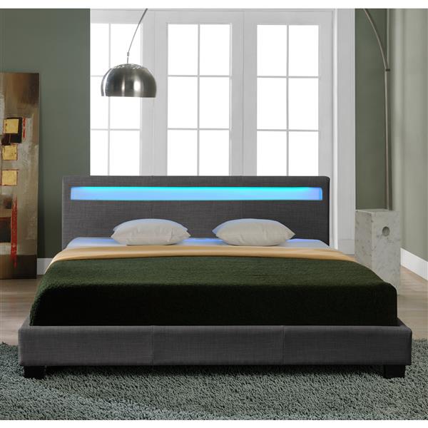 Grote foto houten bed stof led verlichting bedbodem 180x200 donkergrijs huis en inrichting bedden