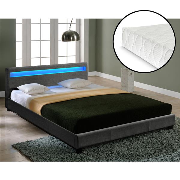 Grote foto houten bed stof led verlichting en matras 180x200 donkergrijs huis en inrichting bedden